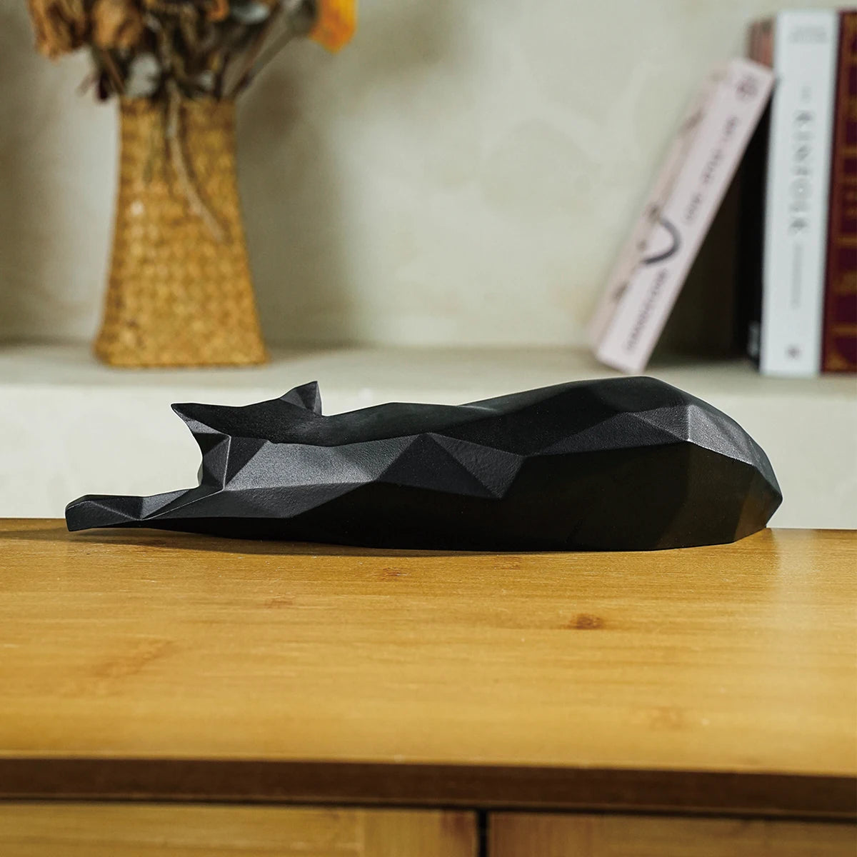 White Black Cat Statue - Geometric Modern Room Decor Figurine Sculpture for Home Office as Table Shelf Desk Decor Lying Cat