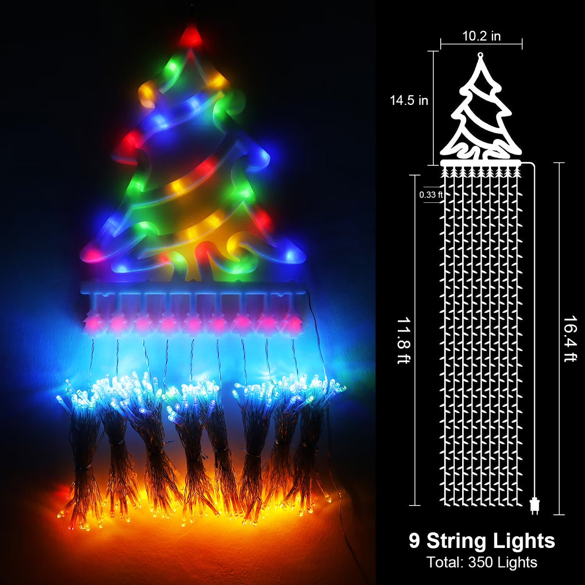 12Ft 350 LED Waterfall Christmas Lights Outdoor Decoration Twinkle Solar Christmas Tree String Lights with Top Star Xmas Holiday Garden Yard Decoration, Multicolor