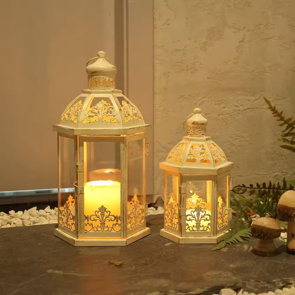 15.5 In. and 11.2 In. H Beige Metal Lanterns Candle Holder Decorative Outdoor and Indoor Lantern Decor with Glass