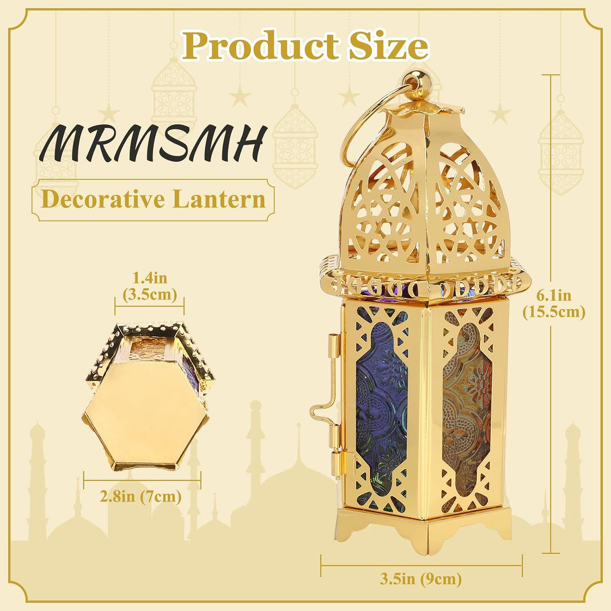 6.7'' Moroccan Lanterns Decorative Indoor & Outdoor Vintage Candle Holder Hanging Tabletop Metal Ramadan Lanterns with Six Color Glasses for Home Patio Porch Decor (Gold)