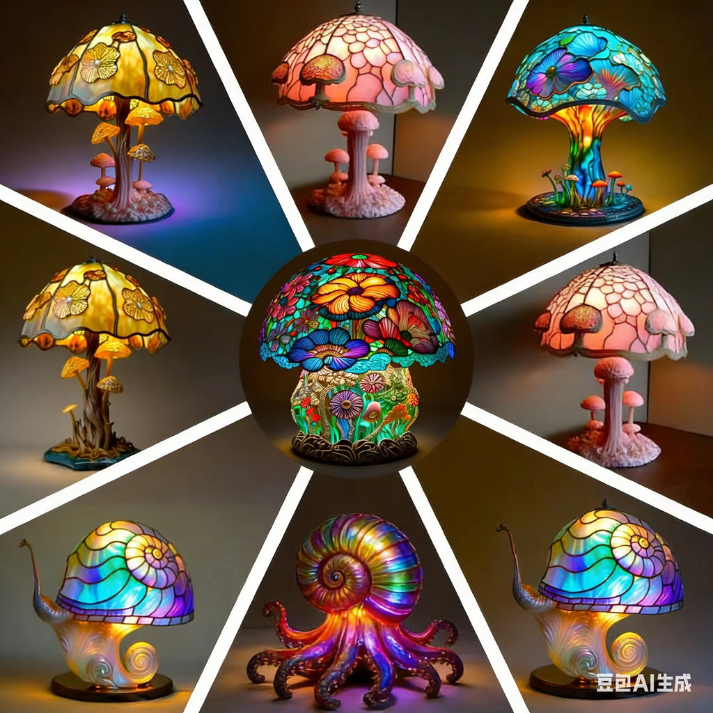 Flower Mushroom Night Light Resin Carved Atmosphere Lamp Led Table Lamp Bedroom Living Room Home Decoration Gift