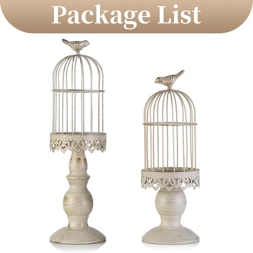 Birdcage Candle Holders Decorative Set of 2，Distressed Ivory