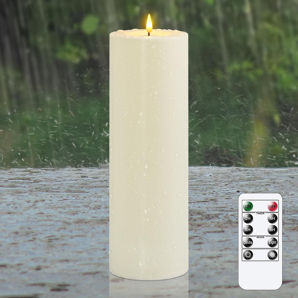 4" X12" Flameless Flickering Waterproof Candle with Remote, LED Battery Operated Timer Plastic Ivory Pack of 1 Pillar Candle for Outdoor Use (Long Lasting 420+ Hrs)