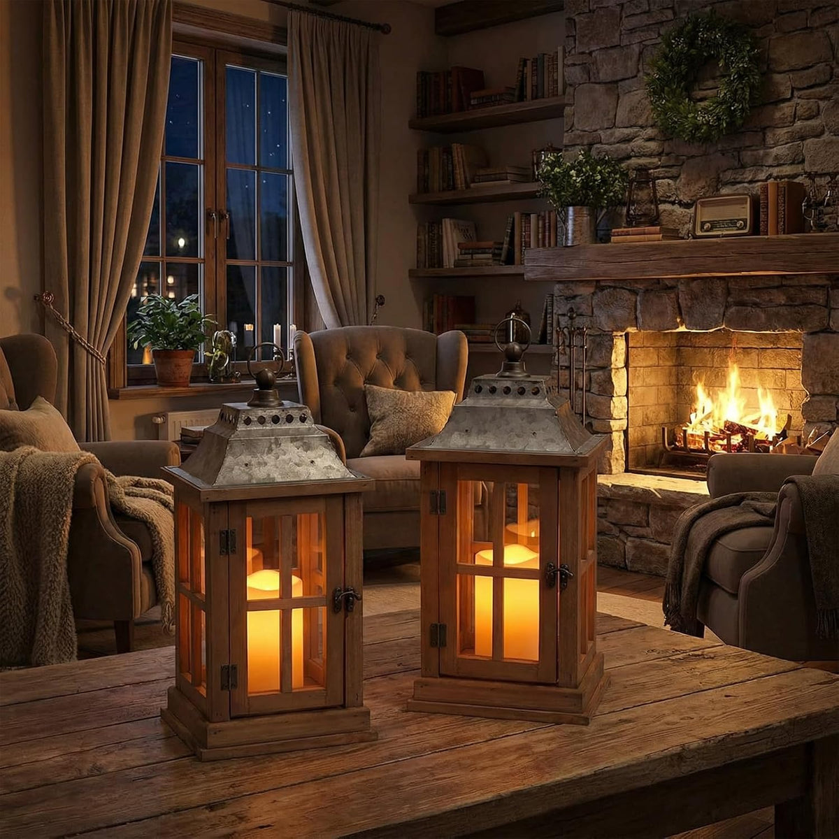 15 Inch Outdoor Decorative Lanterns, Set of 2 Wooden Candle Lanterns