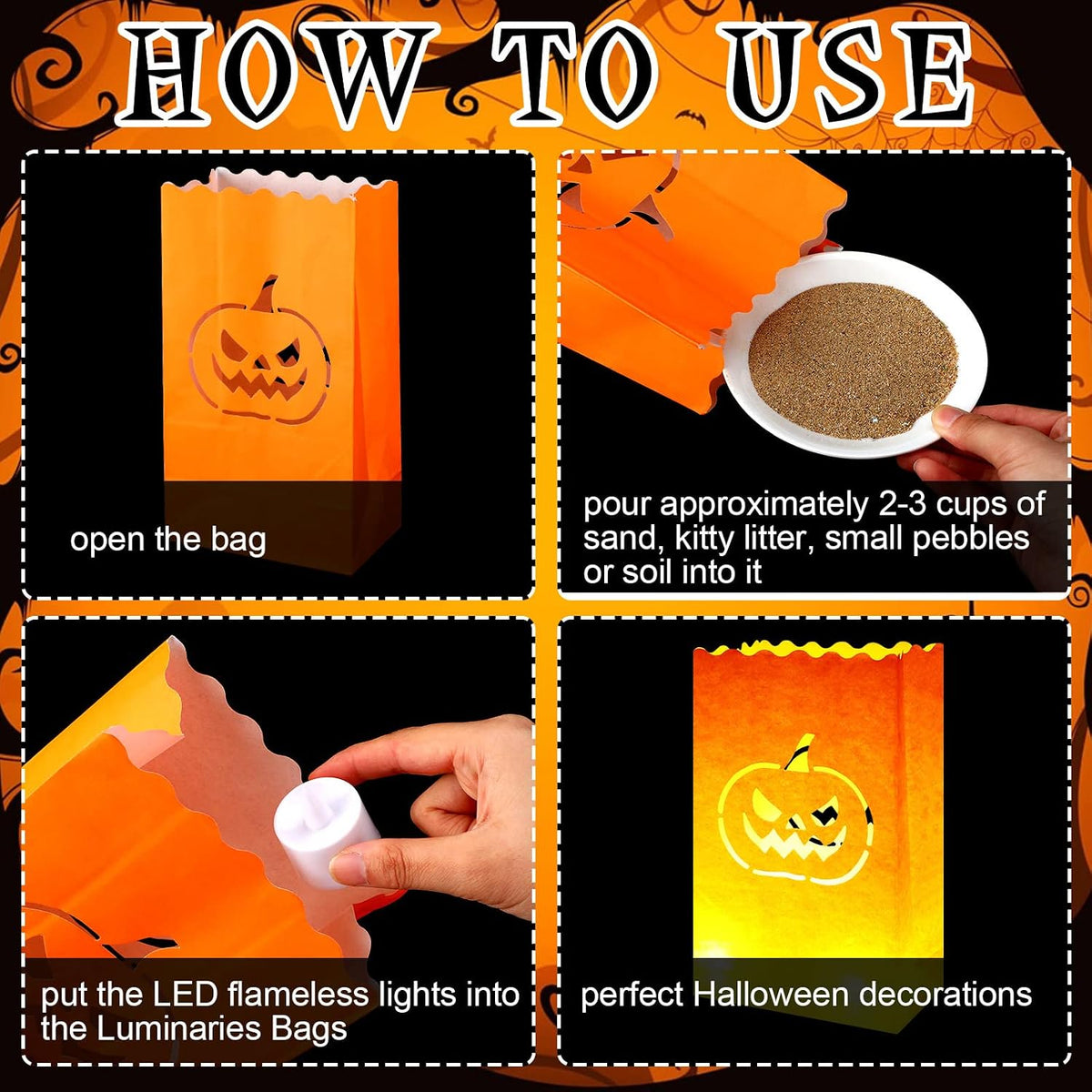 48 Pcs Halloween Luminary Bags with LED Light Candles Set, Novel