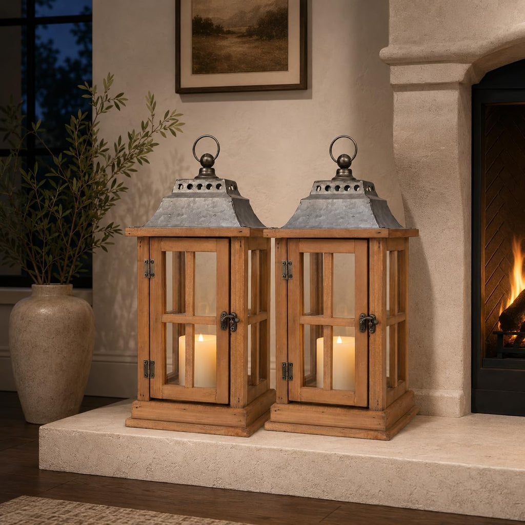 15 Inch Outdoor Decorative Lanterns, Set of 2 Wooden Candle Lanterns