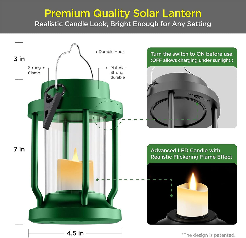 Solar Lantern Outdoor & Indoor Use – Hanging Solar Lights with Realistic Flickering Flameless Candle, Weatherproof for Gardens, Patios, Trees, and Lawns (Green, 2 Pack)