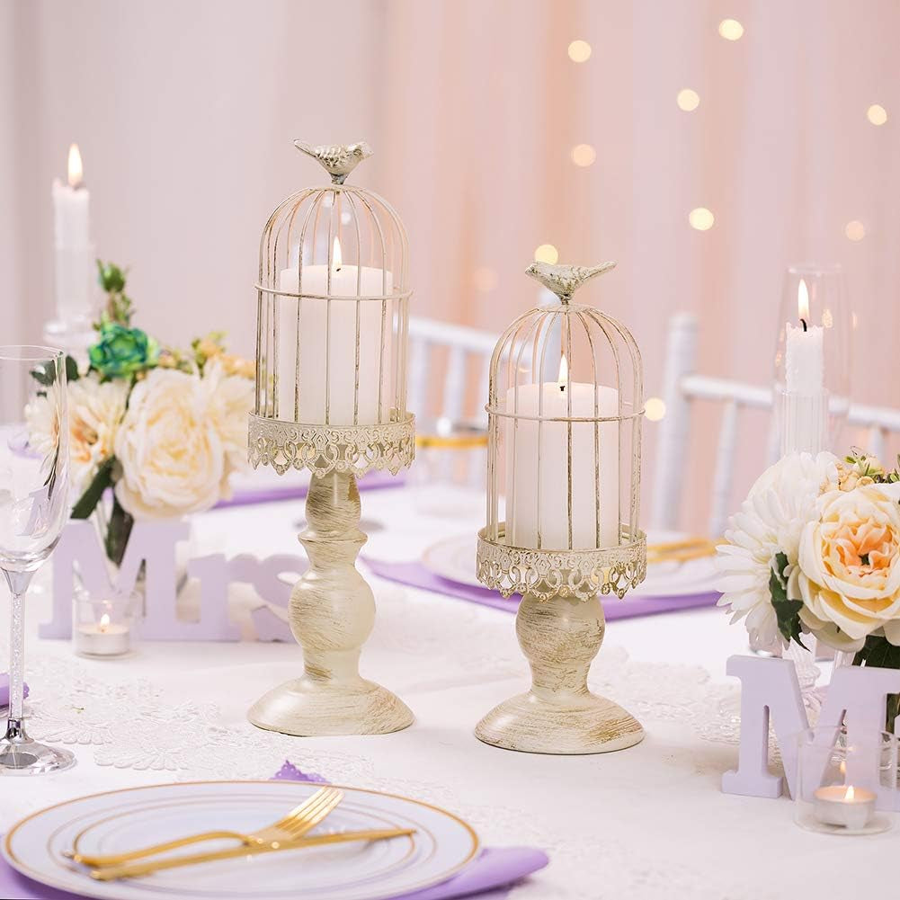 Birdcage Candle Holders Decorative Set of 2，Distressed Ivory