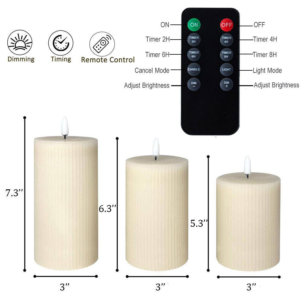 {5/6/7} In. X 3In. White Real Wax Lantern with LED Candle with Remote Control Timer and Dimmable Light (3-Pack)
