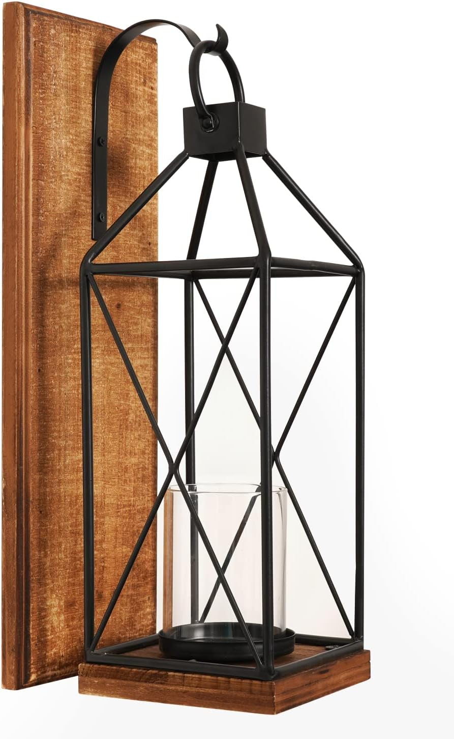 Wall Candle Sconces Set of 1, Rustic Wood Holders with Glass Decor
