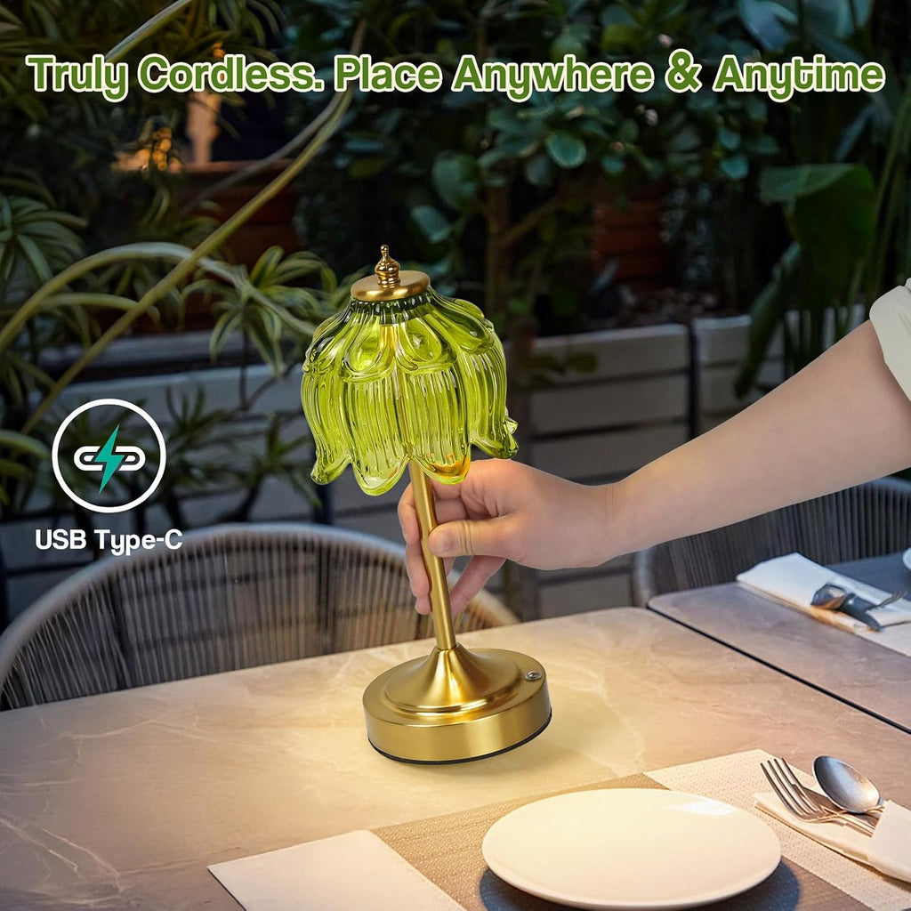 Cordless Table Lamp, Rechargeable Green Glass Lotus Flower Lamp