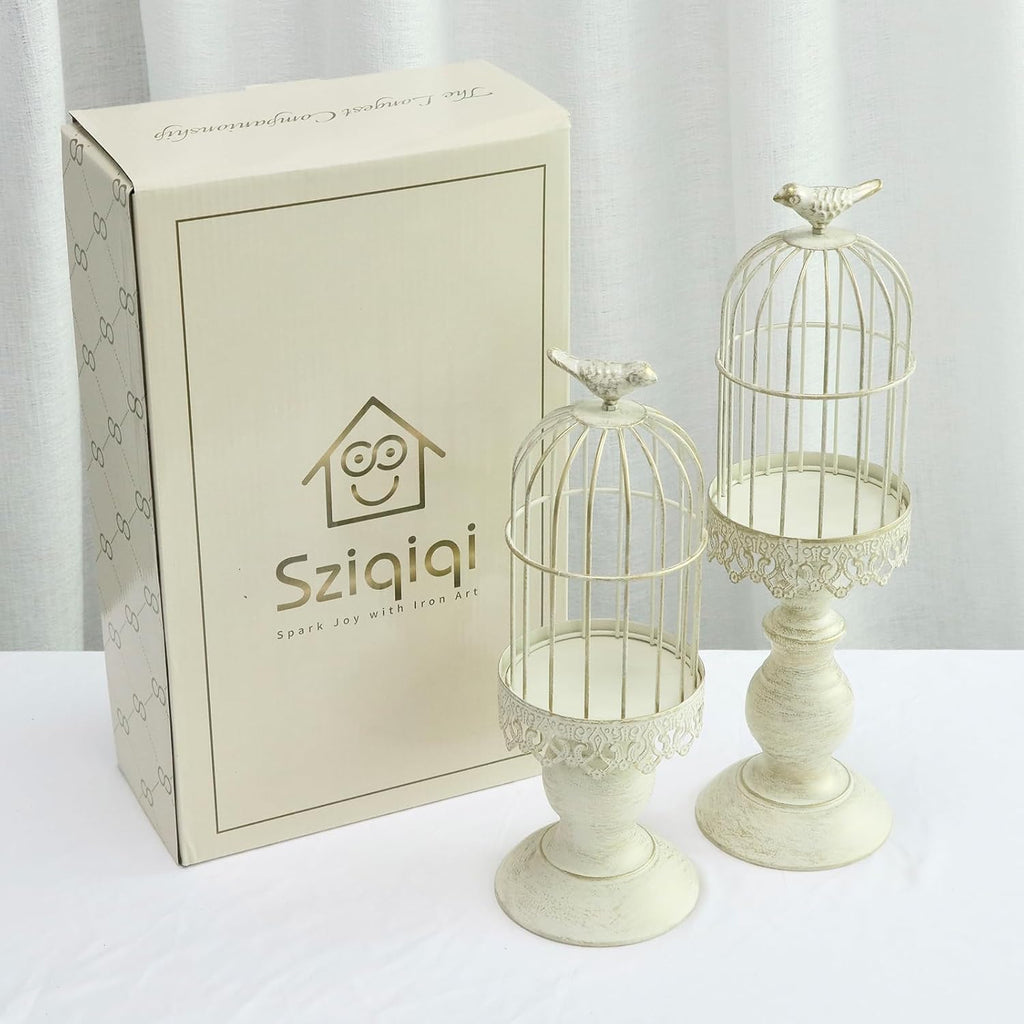 Birdcage Candle Holders Decorative Set of 2，Distressed Ivory