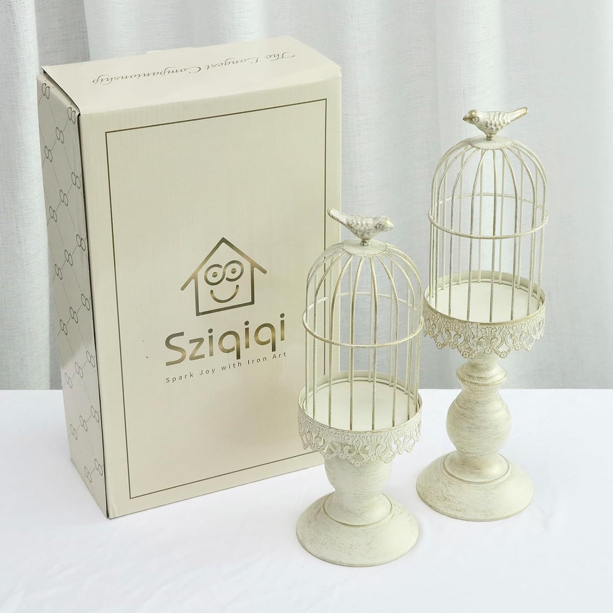 Birdcage Candle Holders Decorative Set of 2，Distressed Ivory