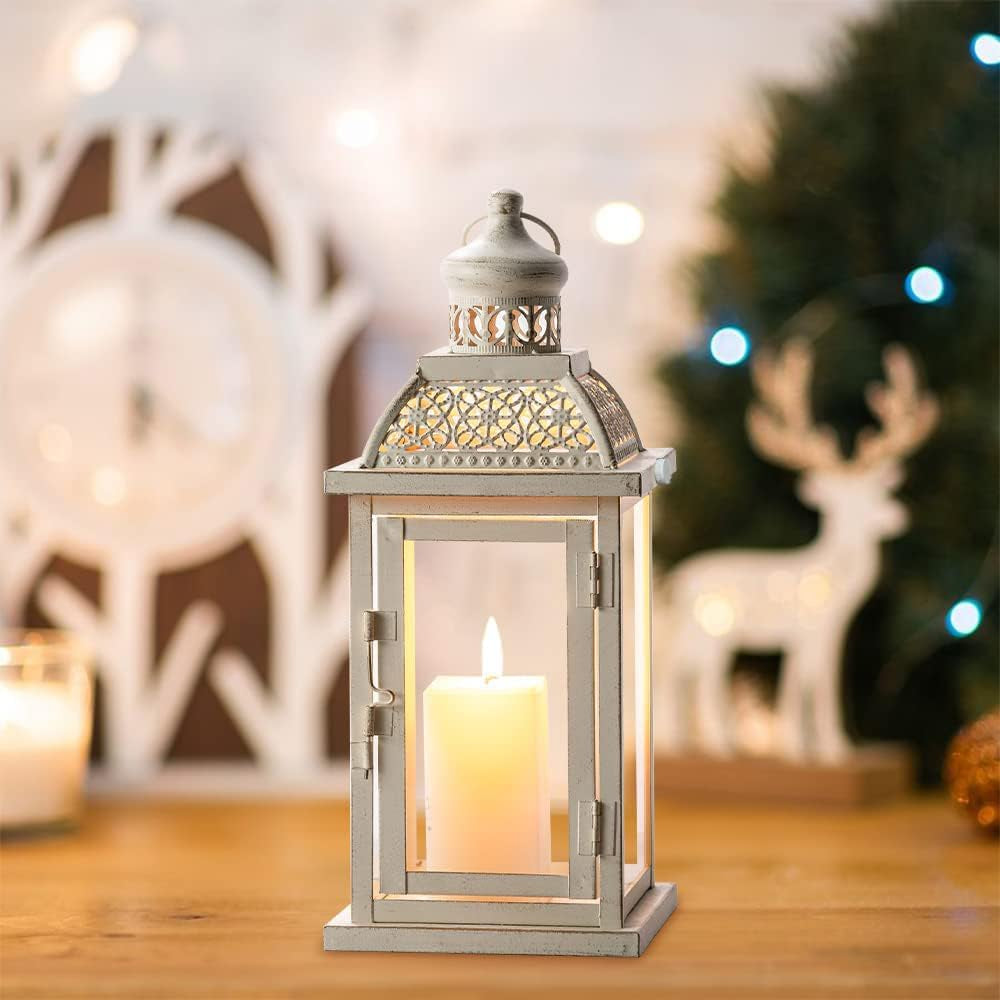 14.4" Lanterns Decorations Indoor, Hanging Candle Lantern Outdoor, Vintage Large Lantern Decor with Clear Glass, Metal Candle Holder for Home, Table, Patio, Rustic Farmhouse Wedding, Christmas