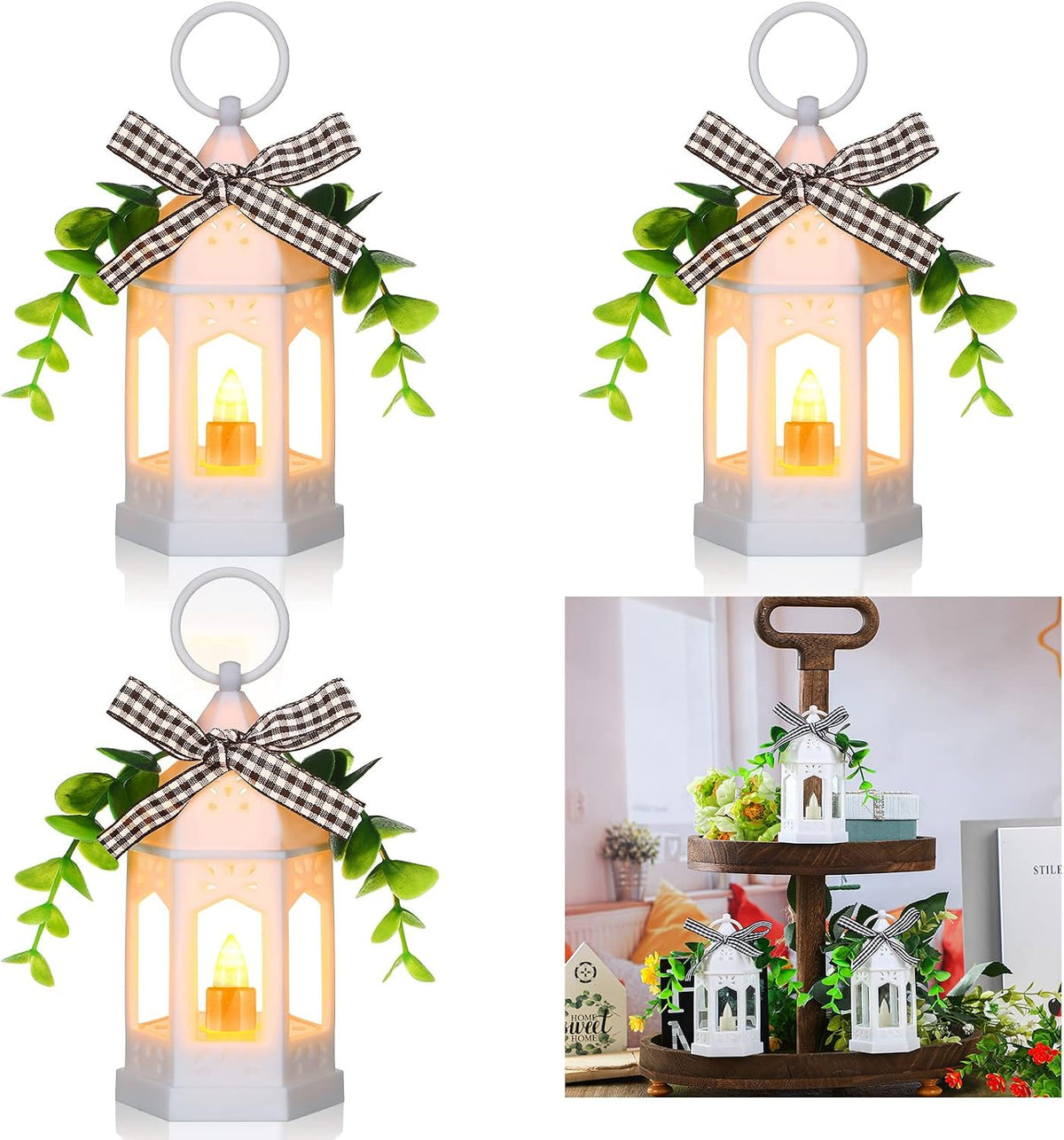 3 Pcs Farmhouse Mini Lanterns for Centerpieces Tiered Tray Decor, White