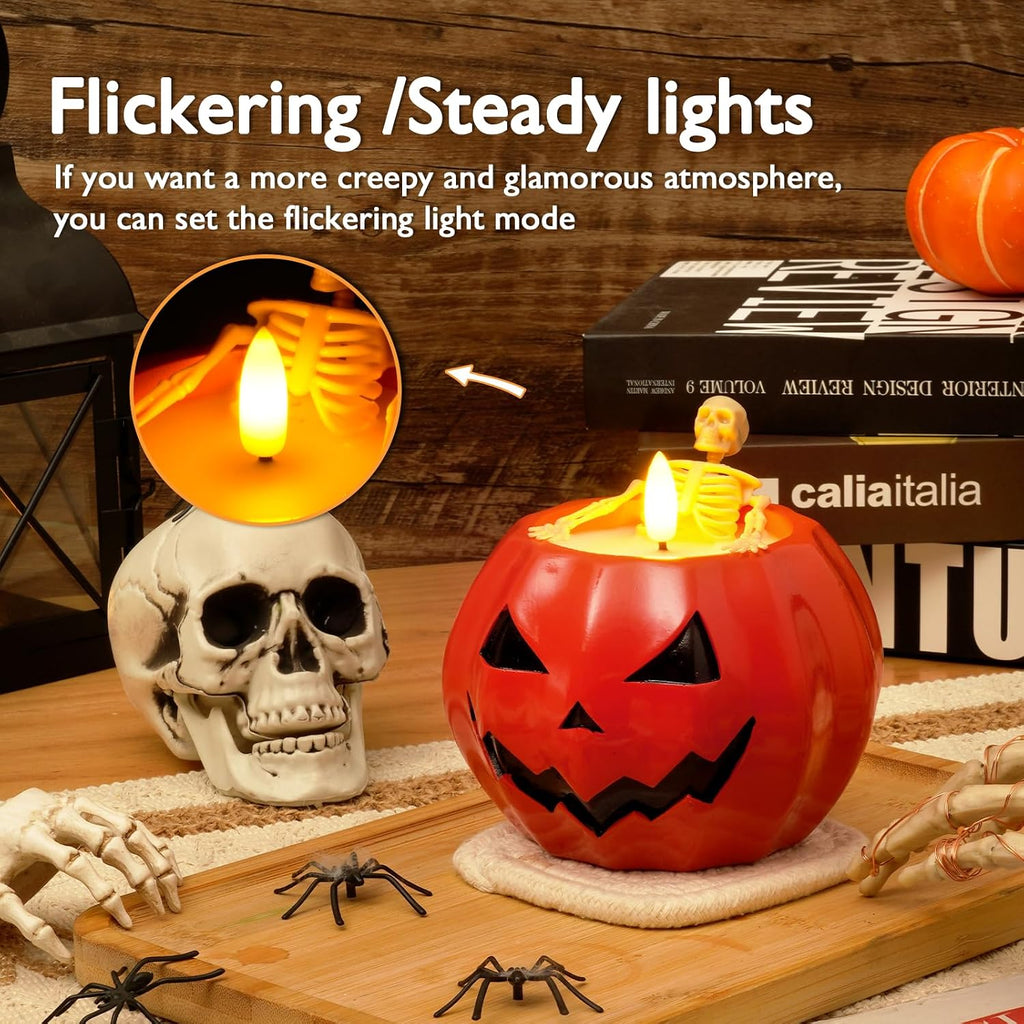 Halloween Flameless Pumpkin Candles, 2Pcs LED Real Wax Pumpkin Lamp with Skeleton, Flickering Battery Operated Candles with Remote for Halloween Decor, Theme Party, Holiday Gift, Orange