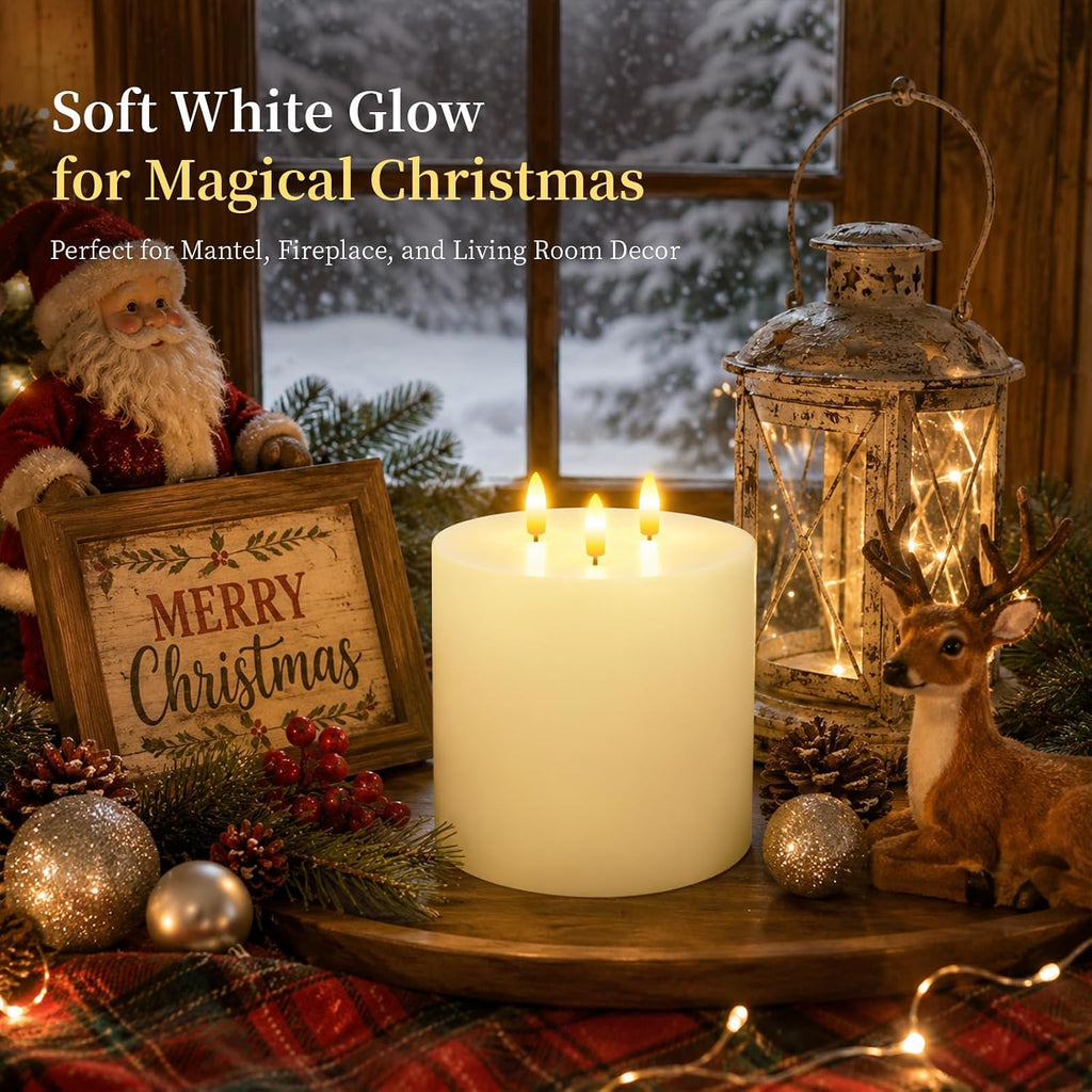 3 Wick Extra Large Flameless Pillar Candles with Timer Remote, Ivory
