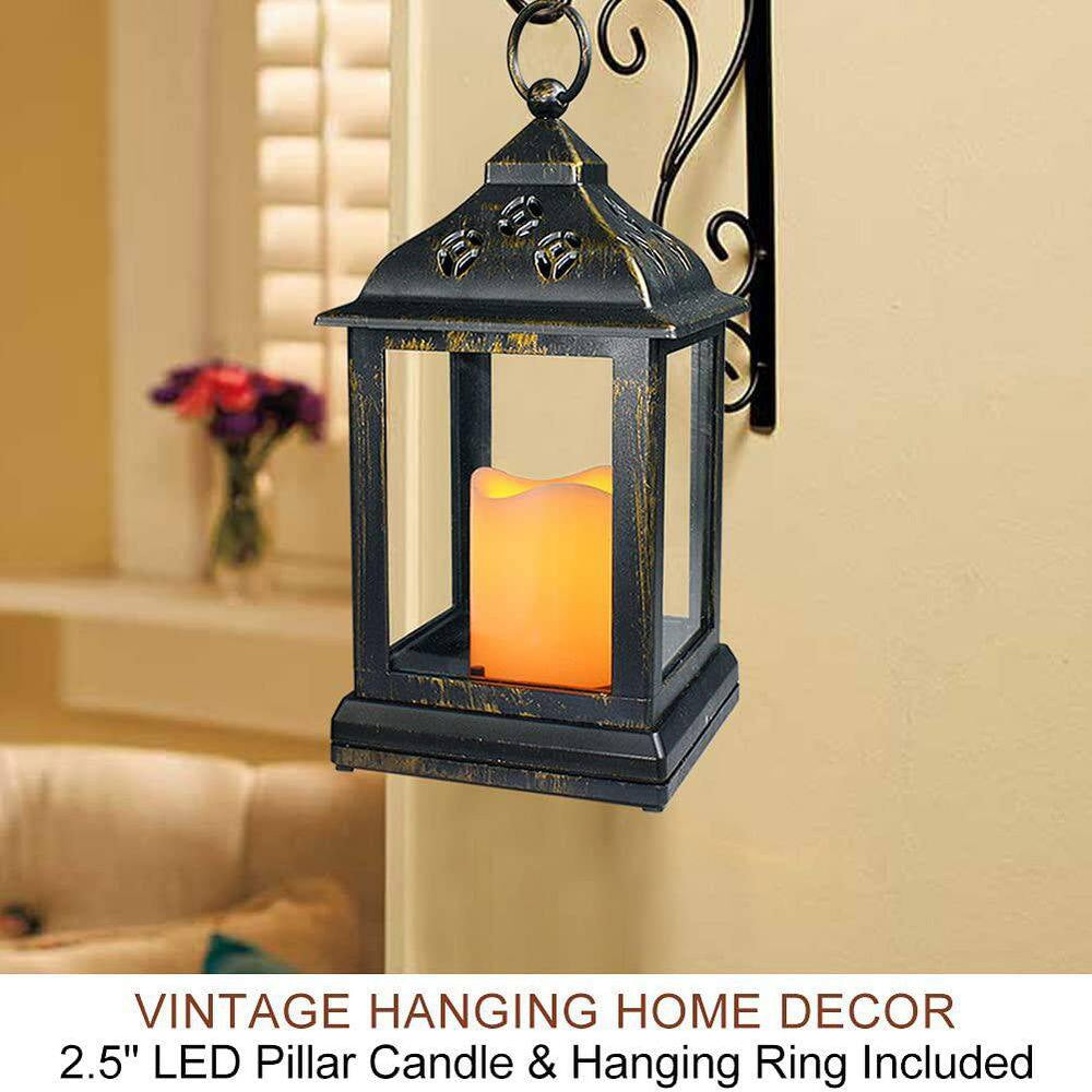 9.5 In. Vintage Decorative Candle Lantern with LED Flickering Flameless Candle, Indoor Hanging Lanterns, Bronze (2-Pack)