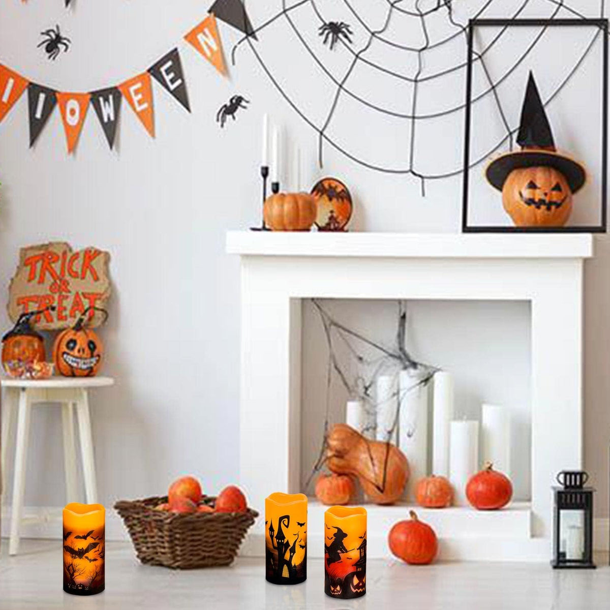 3 PCS Battery Operated Flameless Flickering Candles with 6 Hour Timer, Real Wax Electric LED Halloween Fake Pillar Candles with Castle, Witch, Bats for Indoor Kids Halloween Thanksgiving Decor