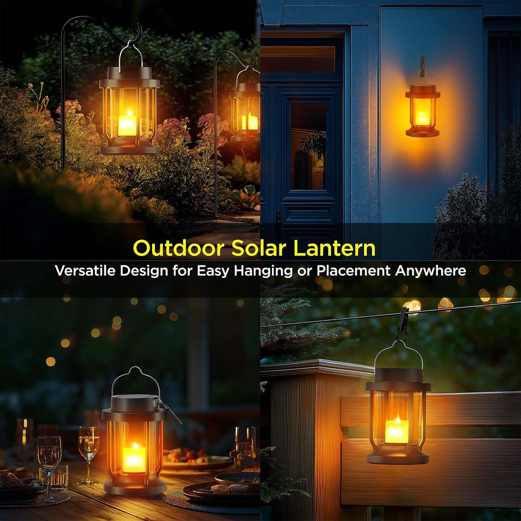 Solar Lantern Outdoor & Indoor Use – Hanging Solar Lights with Realistic Flickering Flameless Candle, Weatherproof for Gardens, Patios, Trees, and Lawns (Black, 1 Pack)
