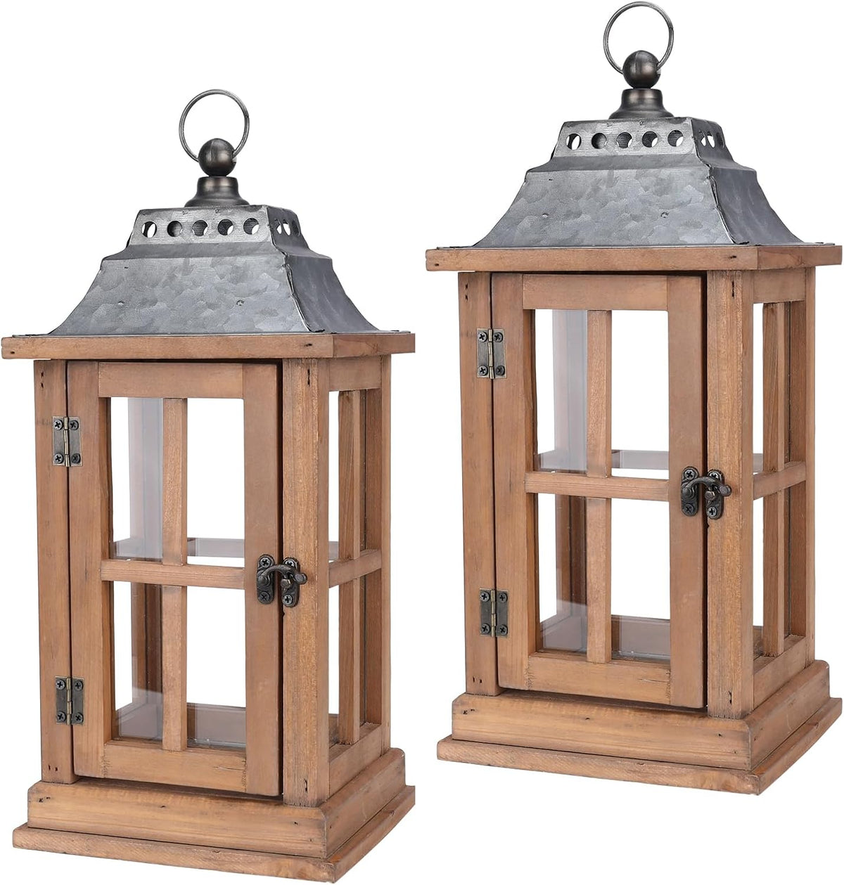 15 Inch Outdoor Decorative Lanterns, Set of 2 Wooden Candle Lanterns