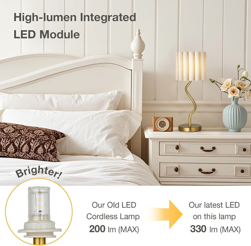 Cordless Scalloped Table Lamp, Modern Brass Lamp for Bedside Restaurant Dining Table, 5200-Mah Rechargeable Battery, 3-Level Brightness Dimmable, Build-In Integrated LED 320 Lumen Max