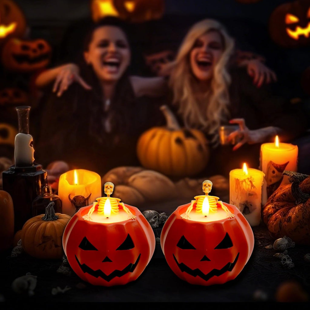 Halloween Flameless Pumpkin Candles, 2Pcs LED Real Wax Pumpkin Lamp with Skeleton, Flickering Battery Operated Candles with Remote for Halloween Decor, Theme Party, Holiday Gift, Orange