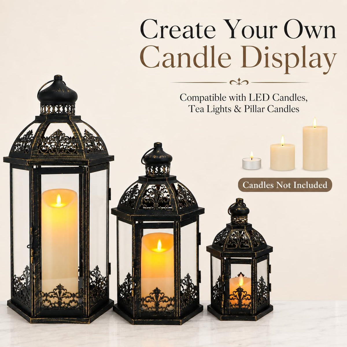 Set of 3 Black & Gold Metal Candle Lanterns, 19/13.5/9.5 in Decorative Hanging Lantern Candle Holders with Tempered Glass Forporch, Patio, Wedding & Home Decor(Black with Gold Brush)