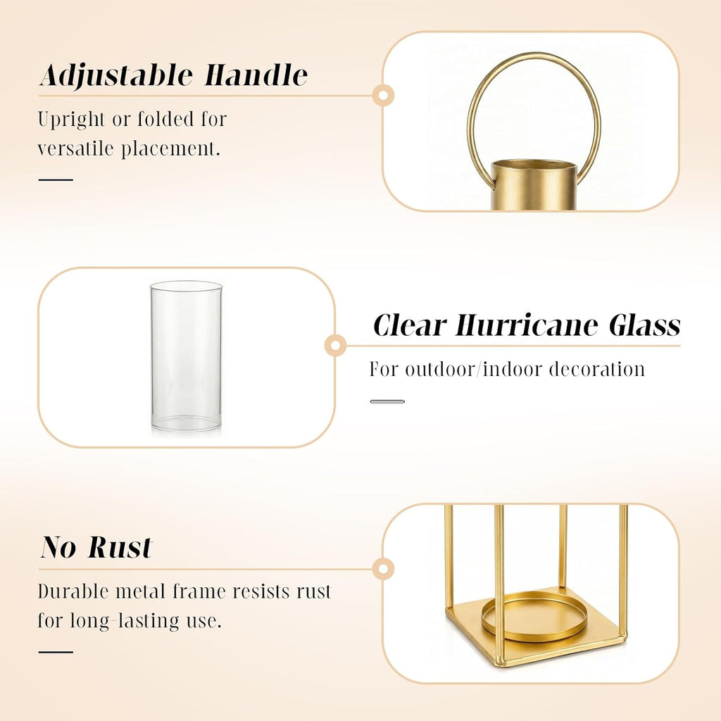 Gold Lanterns with Hurricane Glass, Set of 2 for Centerpieces