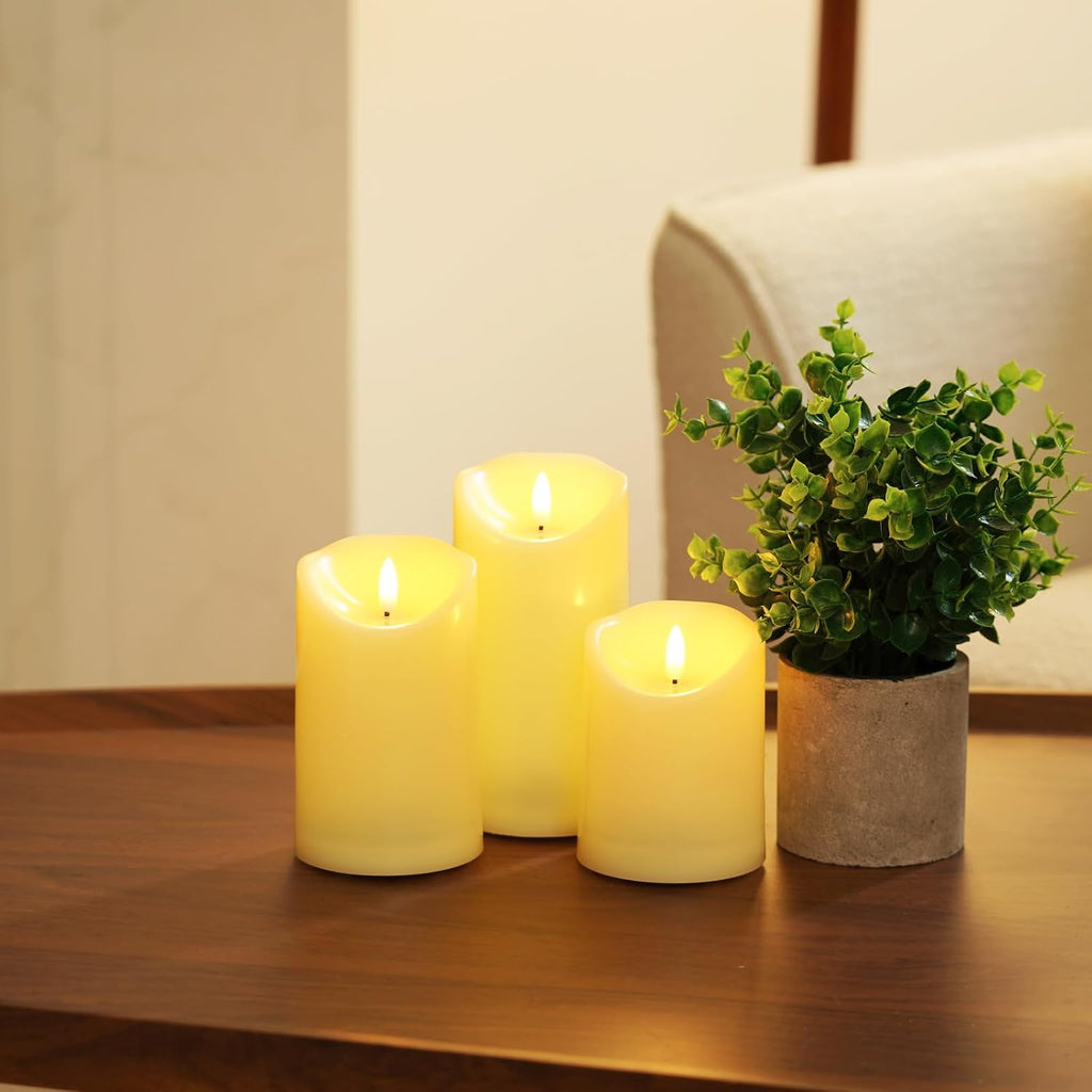 Rechargeable Flameless Candles, Battery Operated LED Candles, Electric Candles with Remote and Timers, Wax-Like Plastic, Ivory, 3Pack, 3" X 4"5" 6", for Home Decor