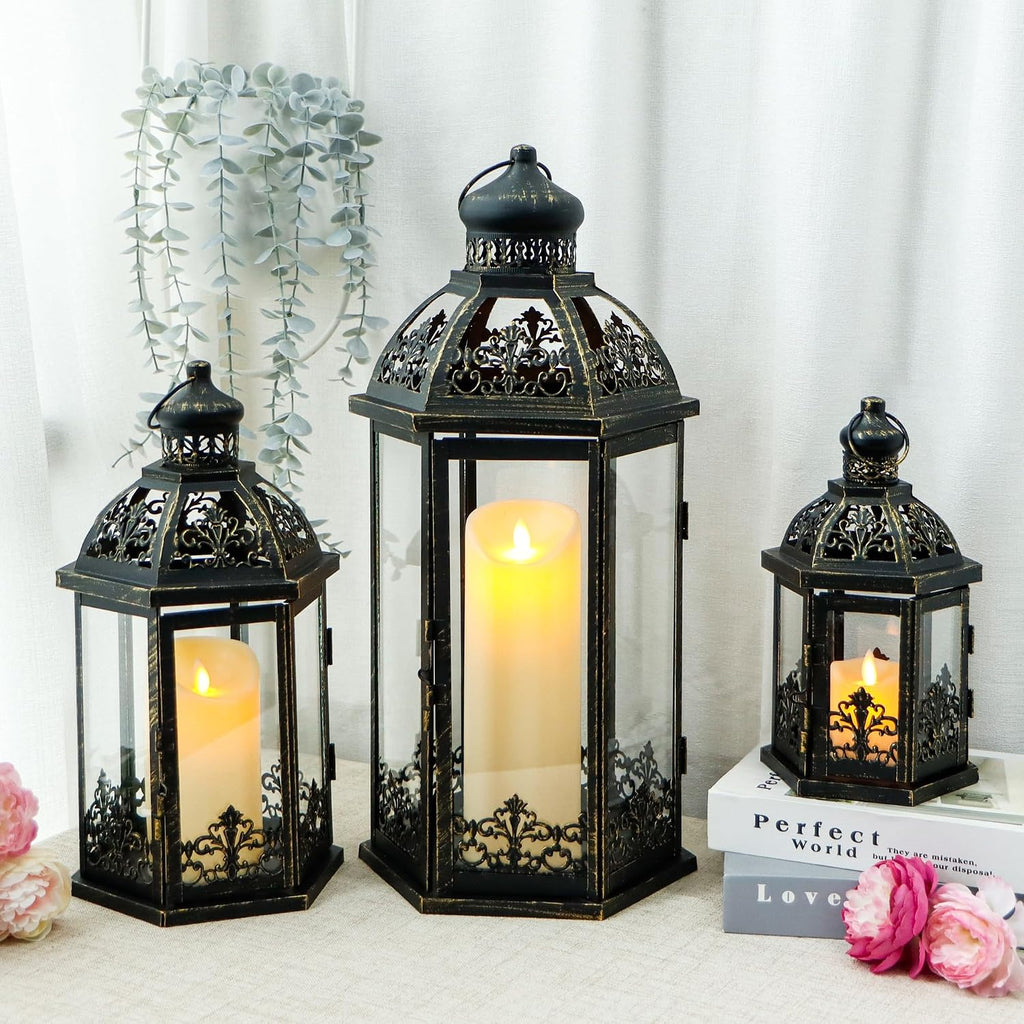 Set of 3 Black & Gold Metal Candle Lanterns, 19/13.5/9.5 in Decorative Hanging Lantern Candle Holders with Tempered Glass Forporch, Patio, Wedding & Home Decor(Black with Gold Brush)