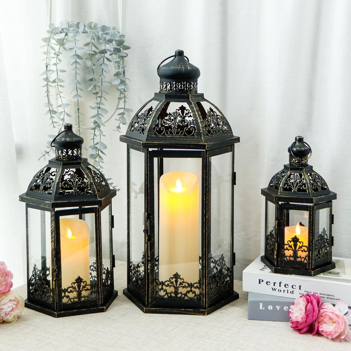 Set of 3 Black & Gold Metal Candle Lanterns, 19/13.5/9.5 in Decorative Hanging Lantern Candle Holders with Tempered Glass Forporch, Patio, Wedding & Home Decor(Black with Gold Brush)