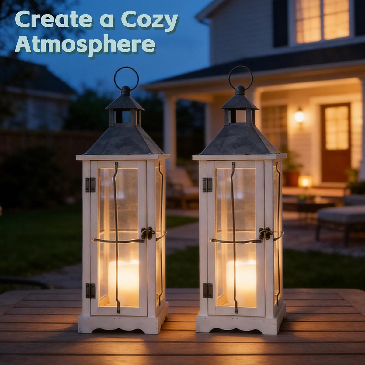 26 Inch White Wooden Decorative Lanterns with LED Candles Set of 2