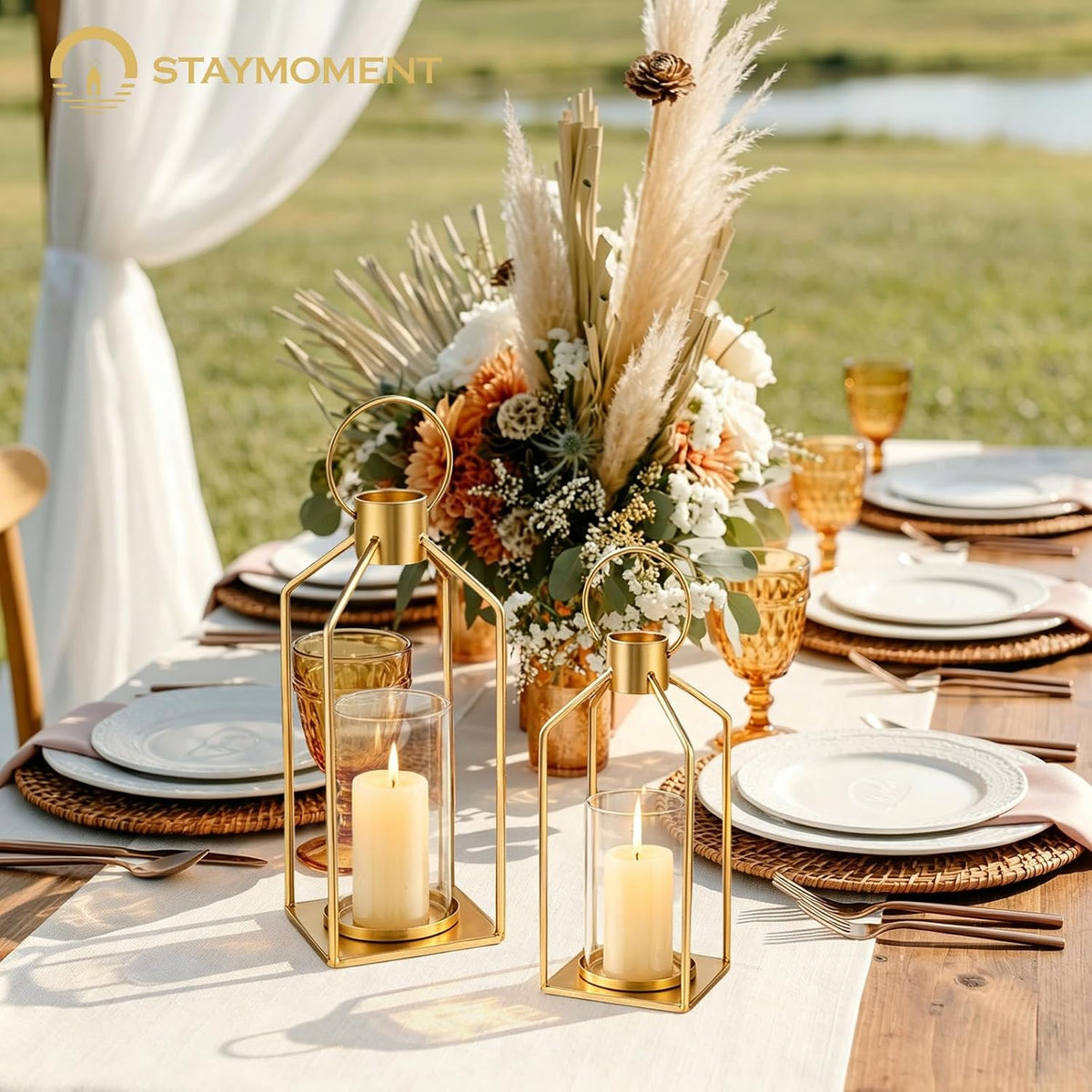 Gold Lanterns with Hurricane Glass, Set of 2 for Centerpieces