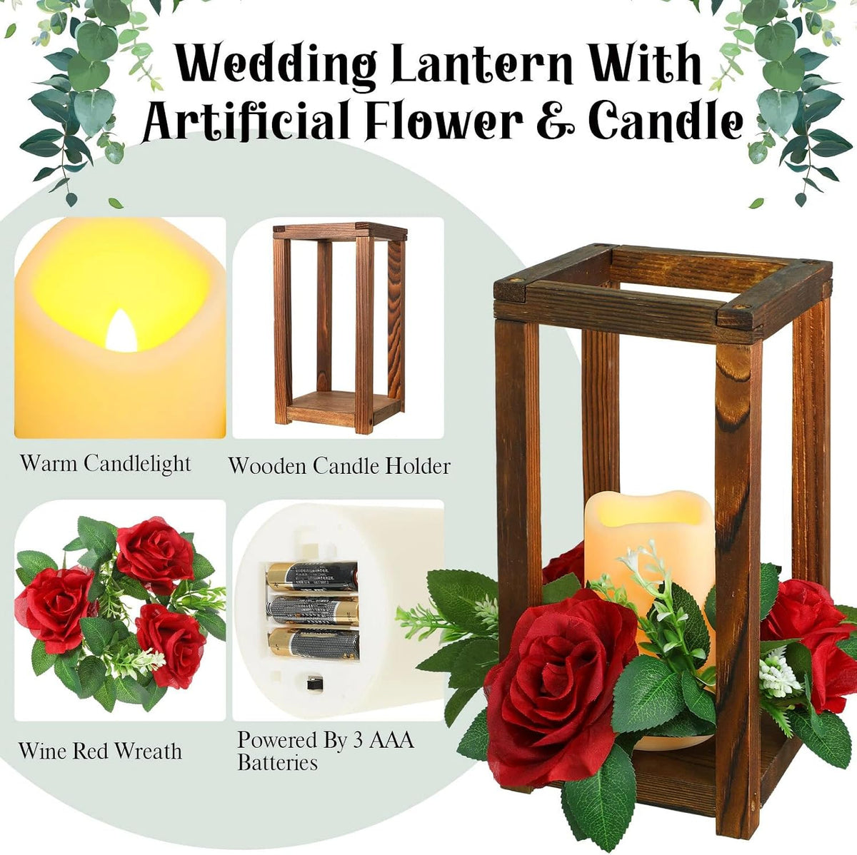 30 Pcs Wooden Wedding Lantern Centerpiece, Red Rose, Brown