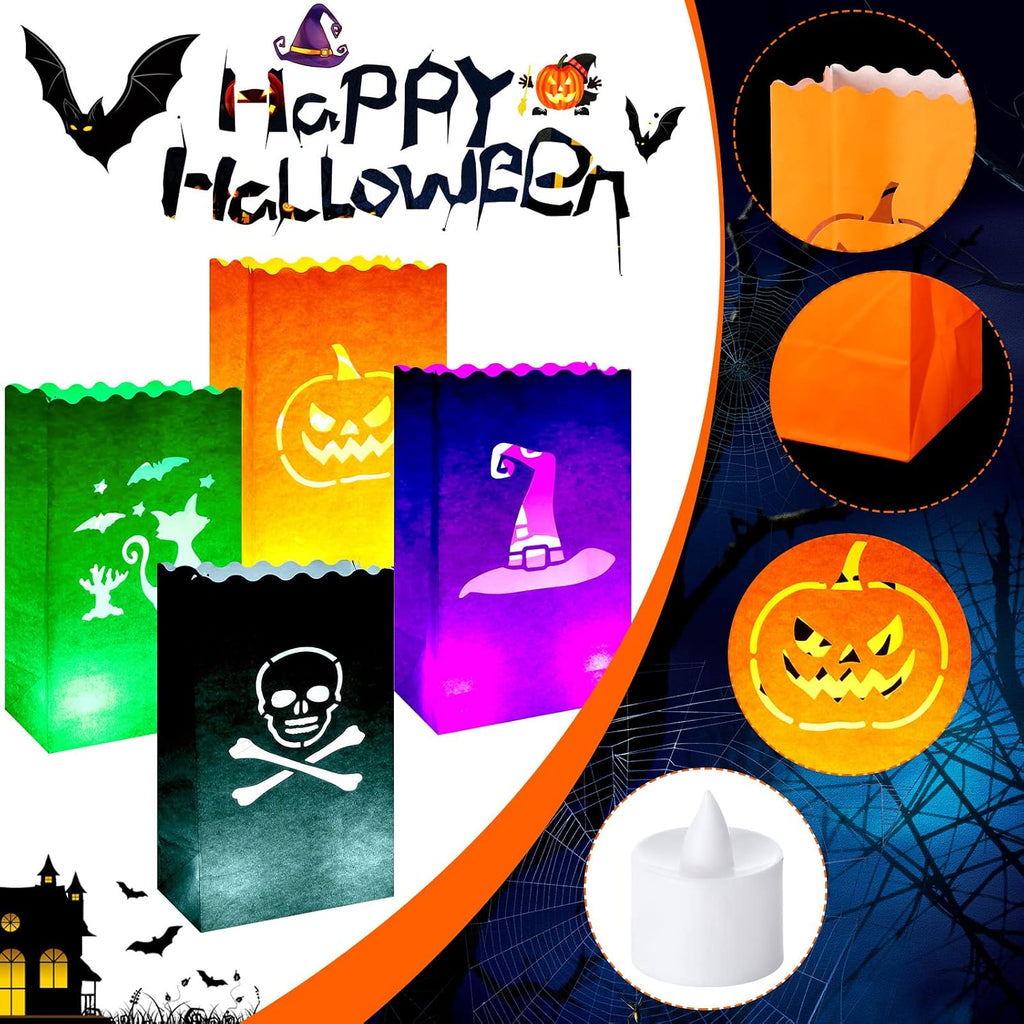 48 Pcs Halloween Luminary Bags with LED Light Candles Set, Novel