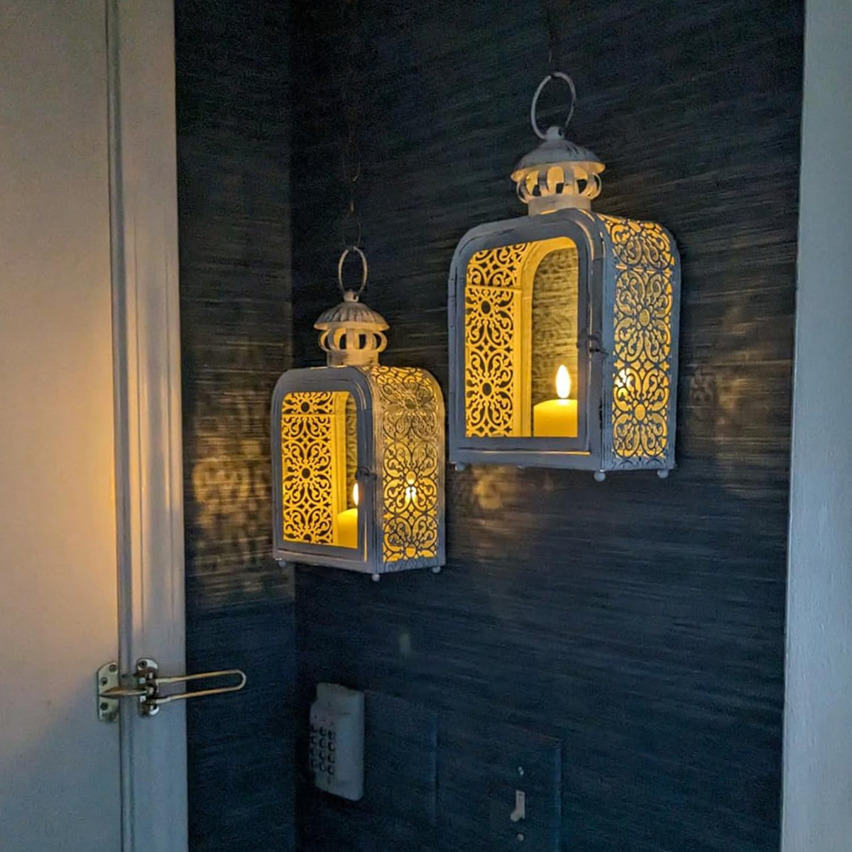 Candle Lantern Decorative Indoor & Outdoor, Vintage Metal Lanterns with Clear Glass, Tabletop&Hanging Candle Holders for Patio Front Porch Home Decor, Halloween Christmas Decorations (White)