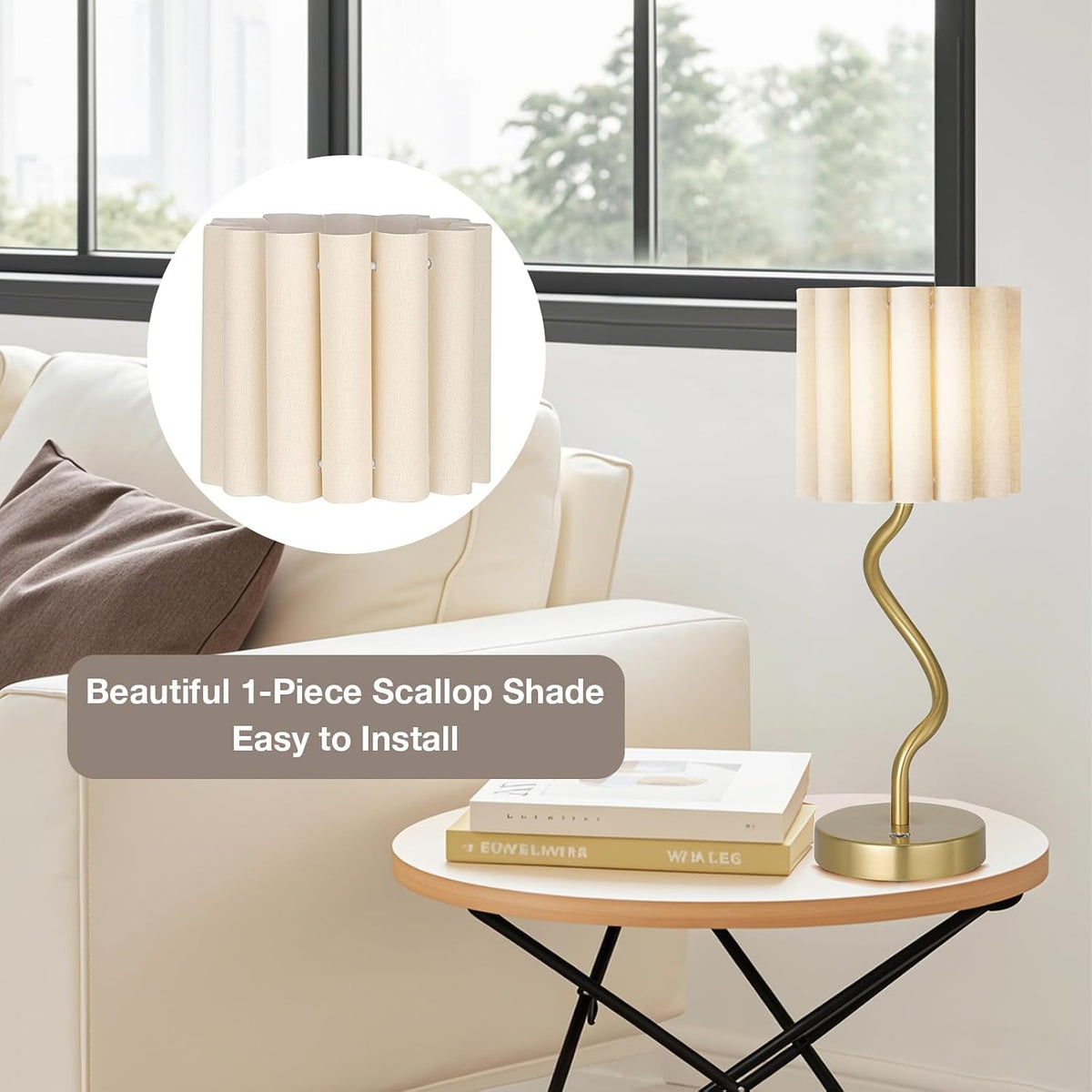 Cordless Scalloped Table Lamp, Modern Brass Lamp for Bedside Restaurant Dining Table, 5200-Mah Rechargeable Battery, 3-Level Brightness Dimmable, Build-In Integrated LED 320 Lumen Max