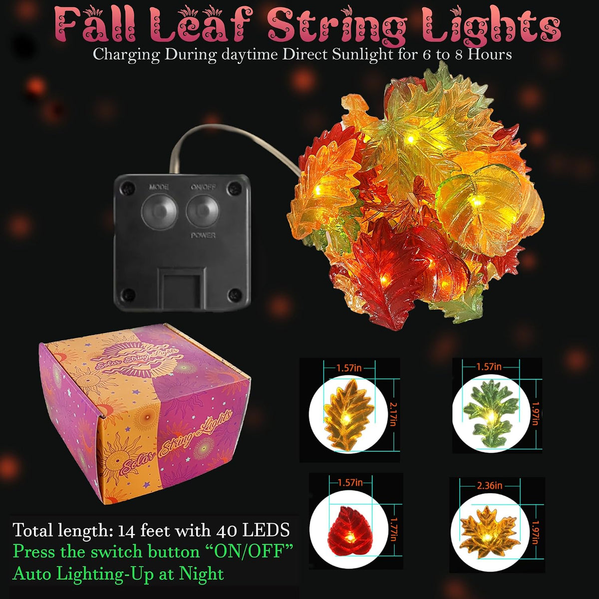 Solar String Lights Fall Leaf String Lights Outdoor Garden Decor Light Waterproof Yard Thanksgiving Christmas Fairy Lights 40LED 14Ft