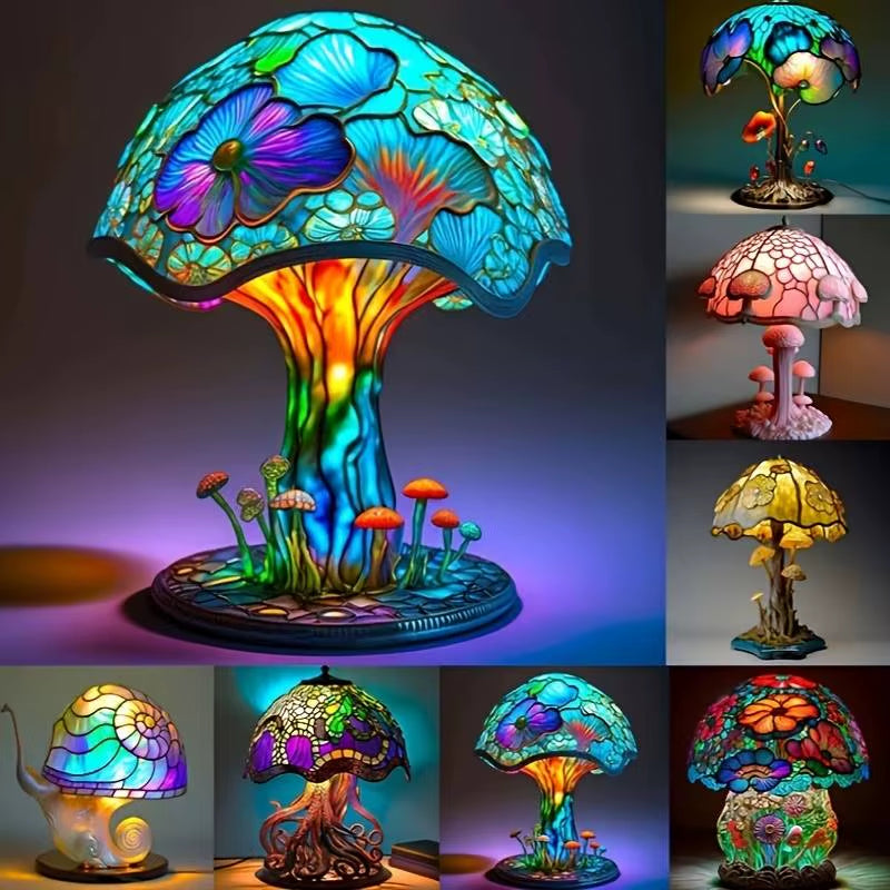 Flower Mushroom Night Light Resin Carved Atmosphere Lamp Led Table Lamp Bedroom Living Room Home Decoration Gift