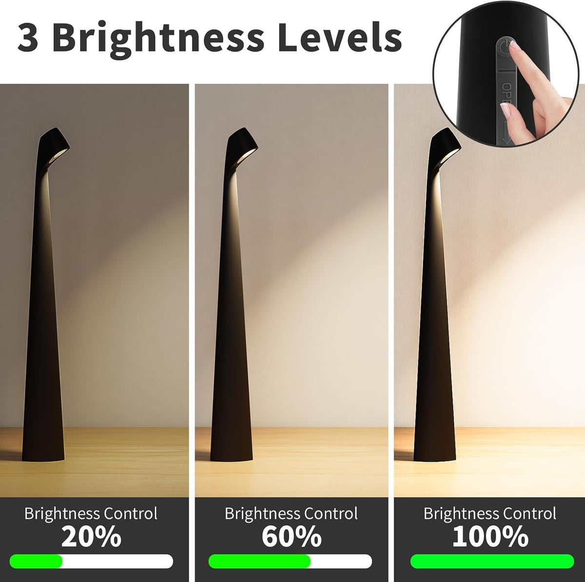 Cordless Rechargeable Reading Metal Table Lamp, 3-Level Brightness