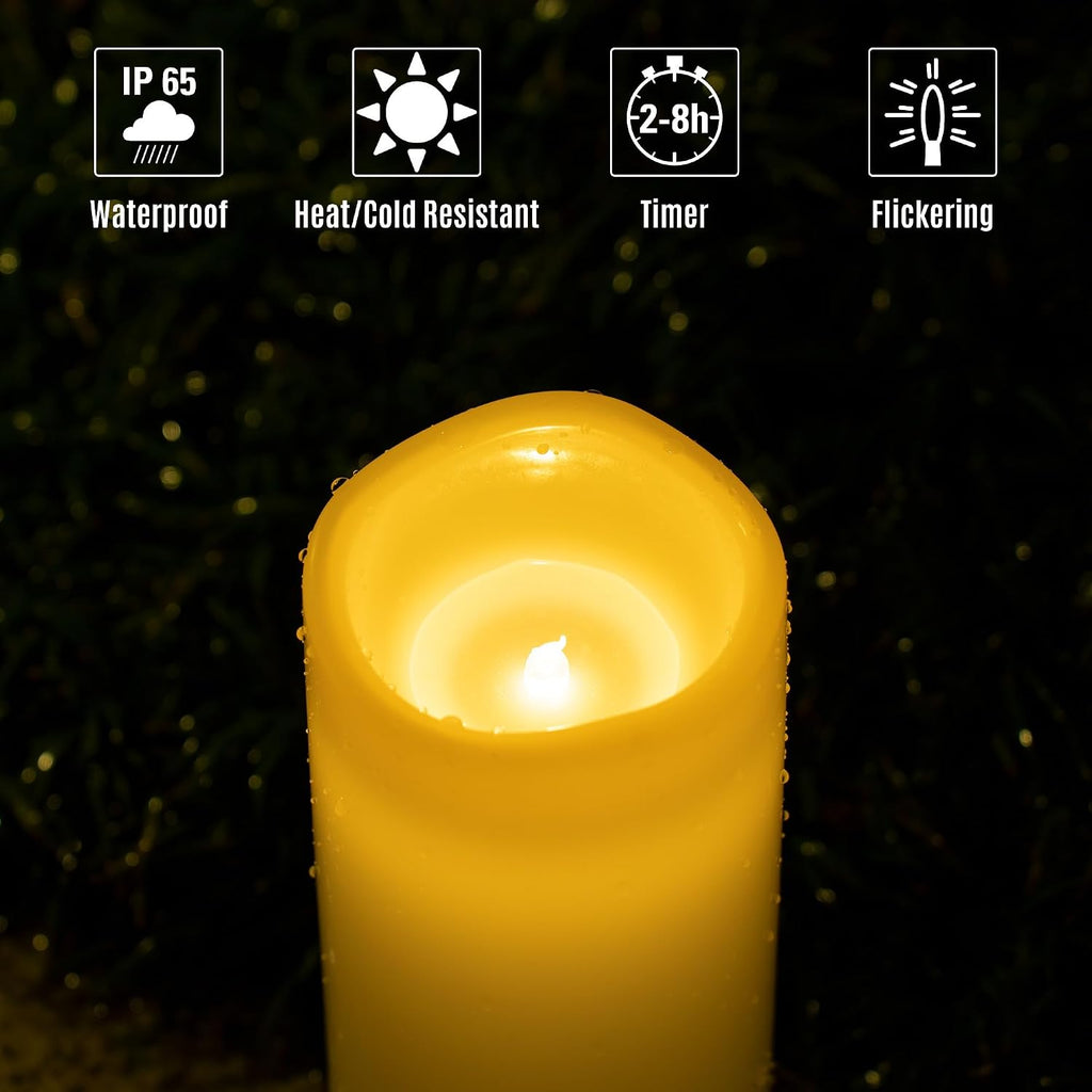 6" 8" 10" X 4" Ivory Large Waterproof Outdoor Flameless Candles Battery Operated LED Flickering Pillar Candles with Remote and Timer for Indoor Outdoor Lanterns, Long Lasting, Set of 3