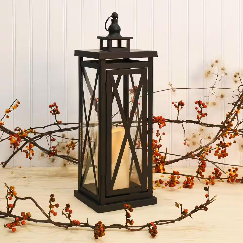 Metal Lantern - Warm Black Criss Cross with Battery Operated LED Candle