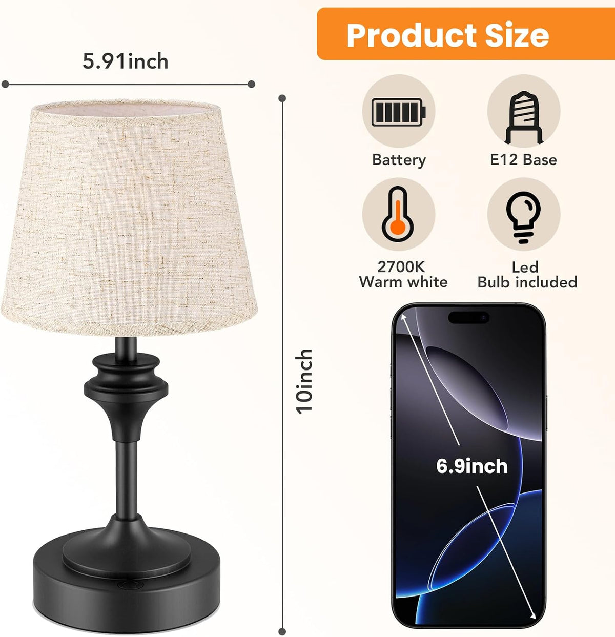 Portables Cordless Table Lamp, 10.2" Battery Operated Lamp, Bedside Table Lamp with Warm White Color,3 Way Dimmable Touch Desk Lamp for Bedroom Living Room Restaurant Black