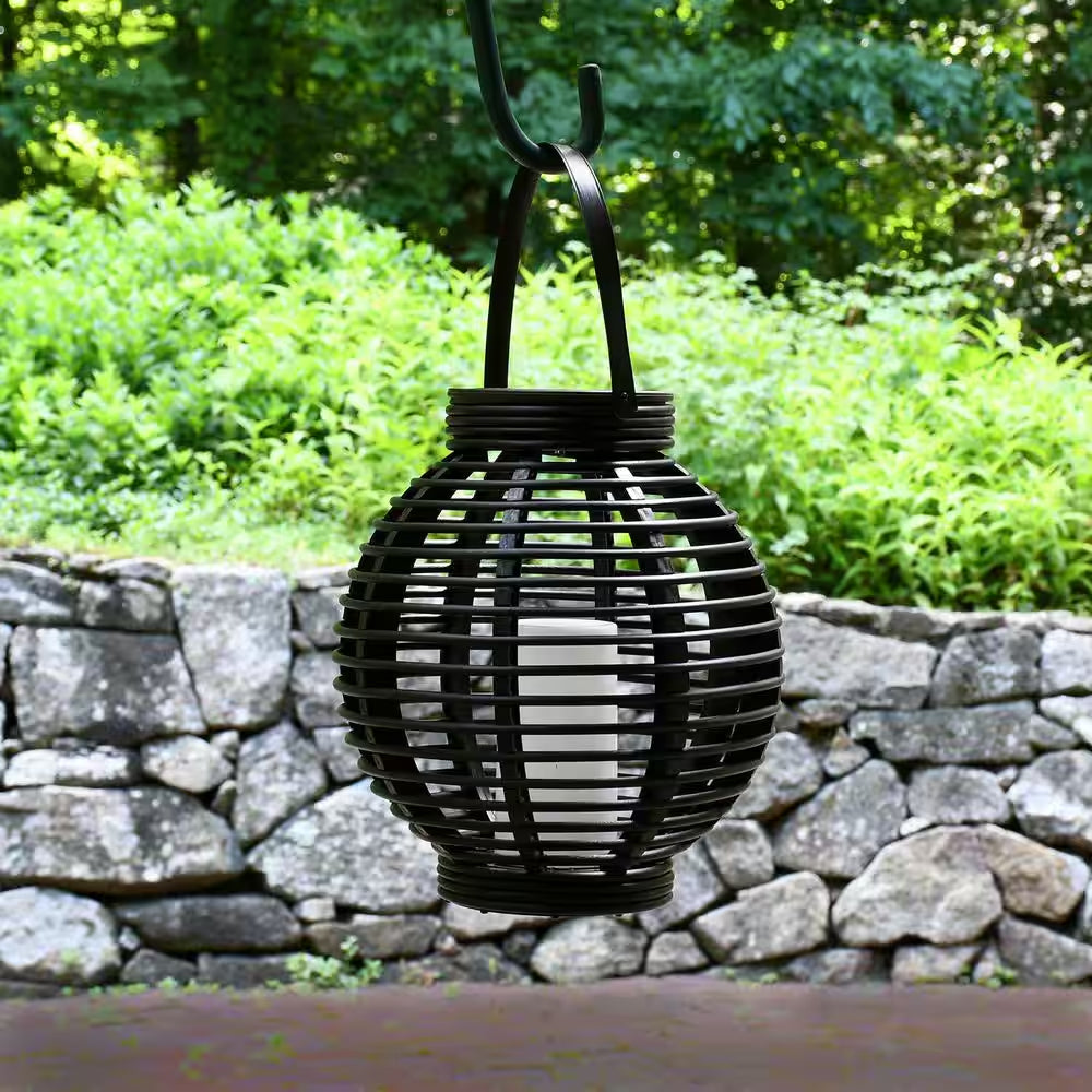 Black Solar Powered Lantern with LED Candle Basket
