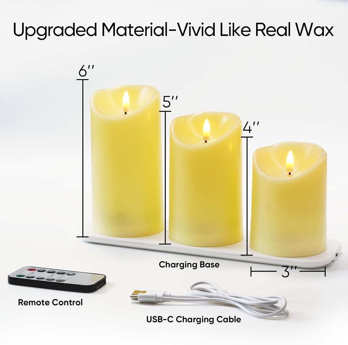 Rechargeable Flameless Candles, Battery Operated LED Candles, Electric Candles with Remote and Timers, Wax-Like Plastic, Ivory, 3Pack, 3" X 4"5" 6", for Home Decor