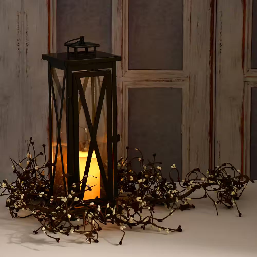 Metal Lantern - Warm Black Criss Cross with Battery Operated LED Candle